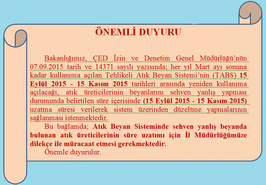 _______Atık Beyan Sisteminde süre uzatımı hakkında duyuru___________