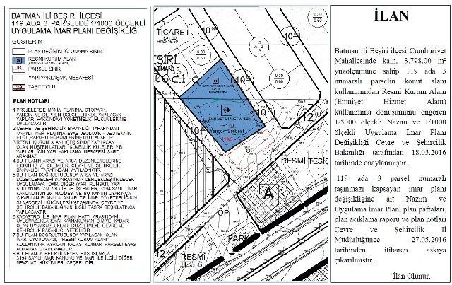 Beşiri Cumhuriyet Mahallesi 119 Ada 3 Parsel Plan değişikliği