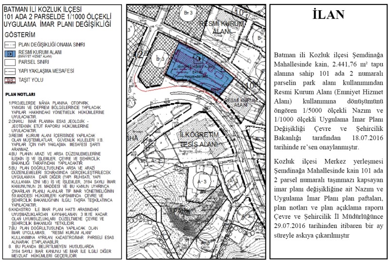 Kozluk 101 Ada 2 Parsel İmar Planı Değişikliği