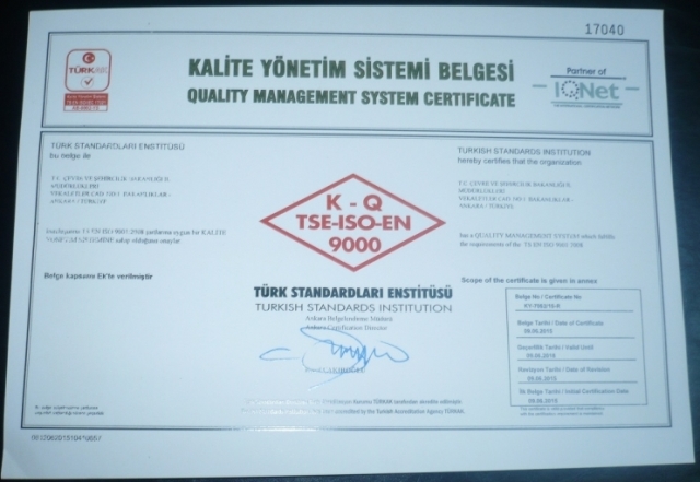 Müdürlüğümüz TS EN ISO 9001:2008 Kalite Yönetim Sistemi Belgesini almaya hak kazandı. 