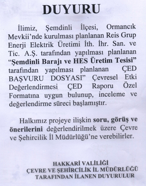 Şemdinli Barajı ve HES Üretim Tesisi ÇED Raporu