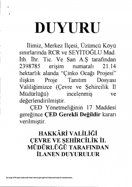 İLİMİZ MERKEZ İLÇESİ ÜZÜMCÜ KÖYÜNDE RCR VE SEYİTOĞLU MAD.ÇİNKO OCAGI PROJE ÇED RAPORU