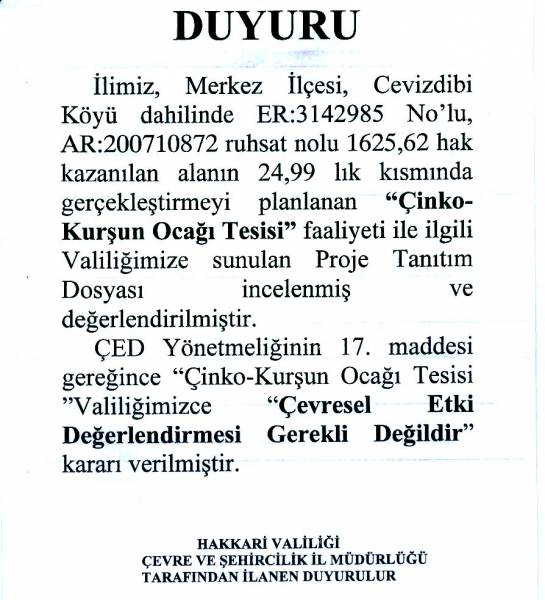 İlimiz Merkez İlçesi, Cevizdibi köyünde yapımı planlanan Çinko Kurşun Ocağı Tesisi ÇED kararı