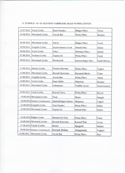 31 Temmuz - 29 Ağustos Tarihleri Arası Yemek Listesi