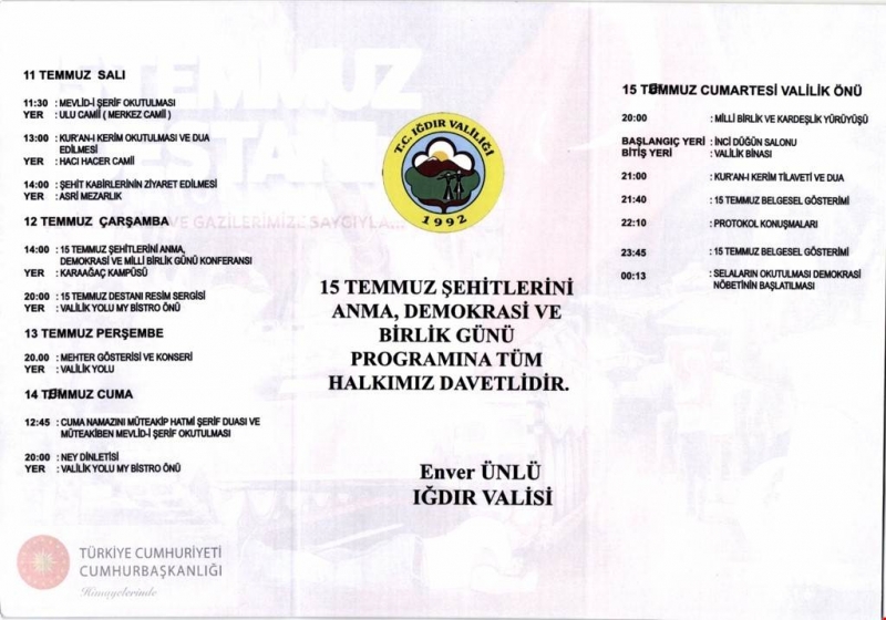 15 TEMMUZ ŞEHİTLERİNİ ANMA, DEMOKRASİ VE BİRLİK GÜNÜ PROGRAMINA TÜM HALKIMIZ DAVETLİDİR.