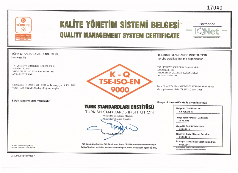 TS EN ISO 9001:2008 Kalite Yönetim Belgesi Alınmıştır.