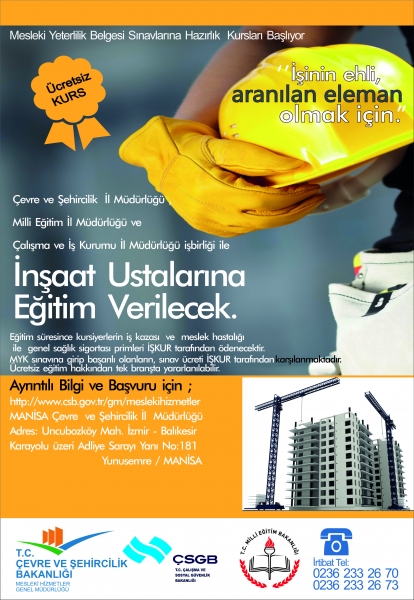 İNŞAAT USTALARINA EĞİTİM VERİLECEK! ***ÜCRETSİZ KURS***