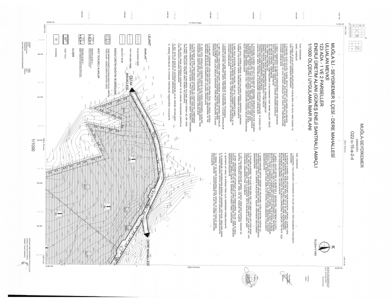 Muğla İli, Seydikemer İlçesi, Dere Mahallesi, Ulualan Mevkii, 123 ada, 1 ve 2 nolu parsellerde Enerji Üretim Alanı (Güneş Enerji Santrali) amaçlı 1/5000 Nazım İmar Planı ve 1/1000 ölçekli Uygulama İmar Planı Askı İlanı