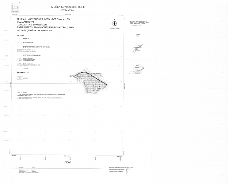 Muğla İli, Seydikemer İlçesi, Dere Mahallesi, Ulualan Mevkii, 123 ada, 1 ve 2 nolu parsellerde Enerji Üretim Alanı (Güneş Enerji Santrali) amaçlı 1/5000 Nazım İmar Planı ve 1/1000 ölçekli Uygulama İmar Planı Askı İlanı