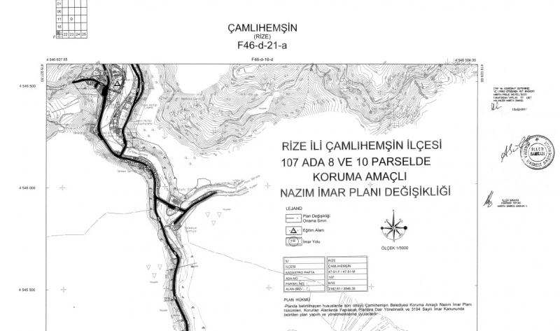 Rize İli, Çamlıhemşin İlçesi, Merkez Mahallesi 107 ada 8 ve 10 nolu parseller 1/5000 ölçekli Koruma Amaçlı Nazım İmar Planı Değişikliği ve 1/1000 ölçekli Koruma Amaçlı Uygulama İmar Planı Değişikliği