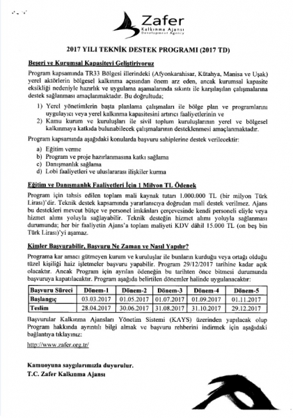 ZAFER KALKINMA AJANSININ 2017 YILI TEKNİK DESTEK PROGRAMI DUYURUSU