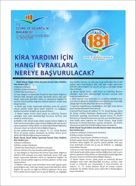 Kira Yardımı İçin Hangi Evraklarla Nereye Başvurulması Gerektiğini Gösteren Afişimizi Yakında Tüm Muhtarlıklarımızın Camlarında Görebilirsiniz