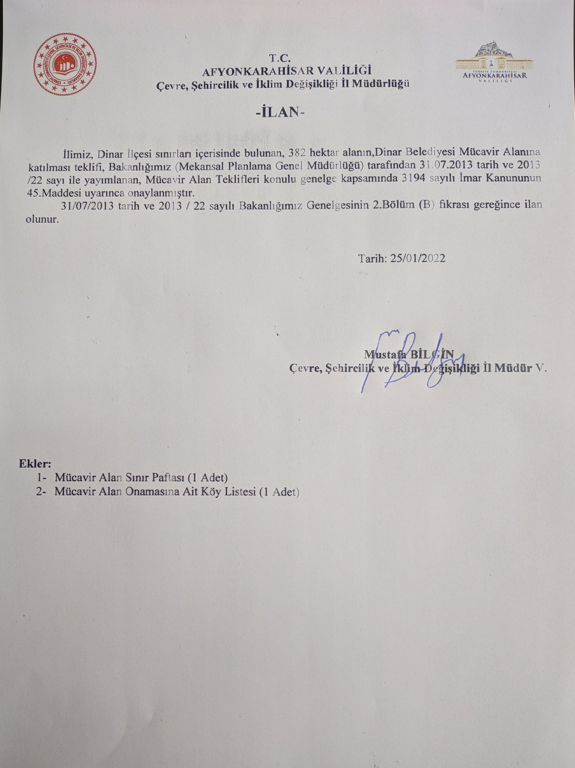 Dinar Belediyesi Mücavir Alan İlanı
