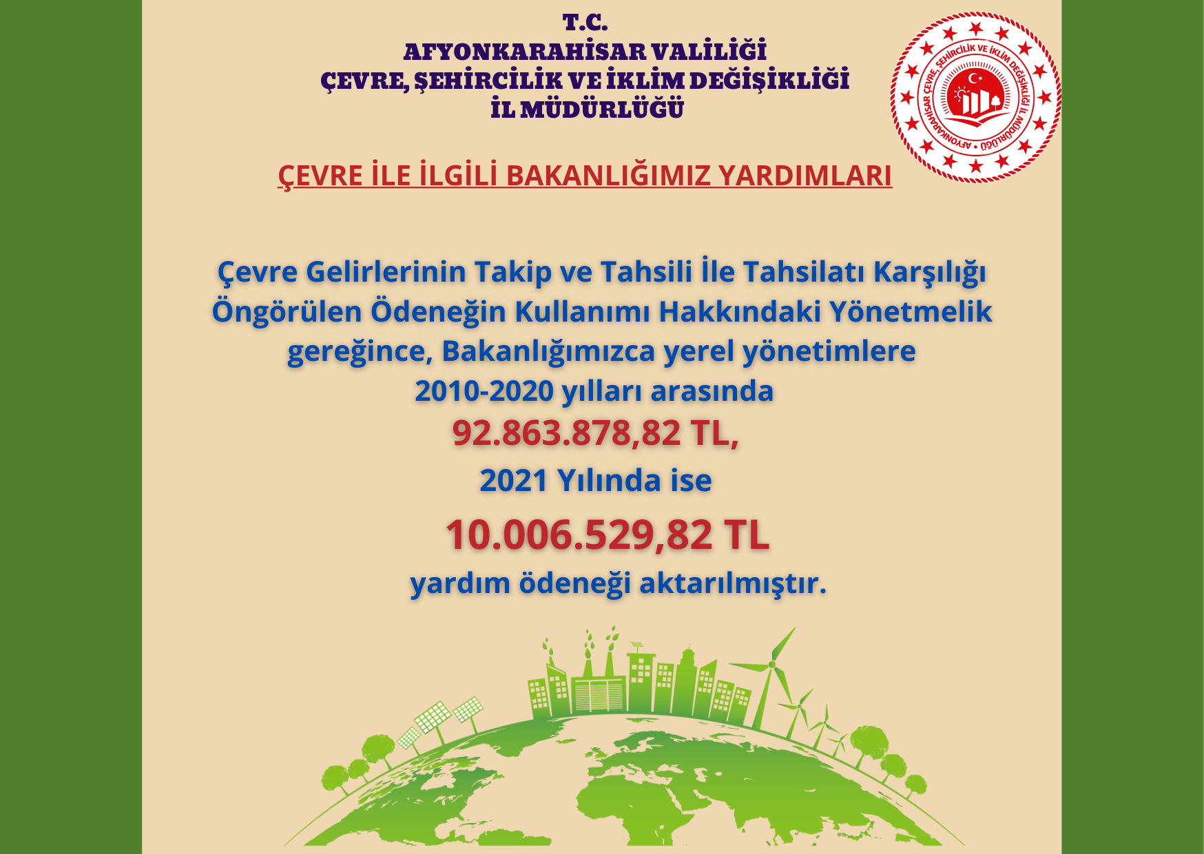 Bakanlığımızca 2021 Yılında Yerel Yönetimlere 10.006.529,82 TL yardım ödeneği aktarılmıştır.