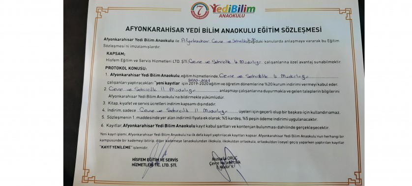 Afyonkarahisar Yedi Bilim Anaokulu ile Müdürlüğümüz Arasında Eğitim Sözleşmesi İmzalandı.