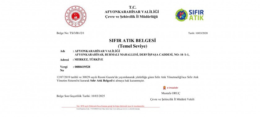 İlimiz de, ilk “Sıfır Atık Belgesi (Temel Seviye)” Valiliğimiz Hizmet Binası ve Müdürlüğümüz Hizmet Binası için düzenlenmiştir.