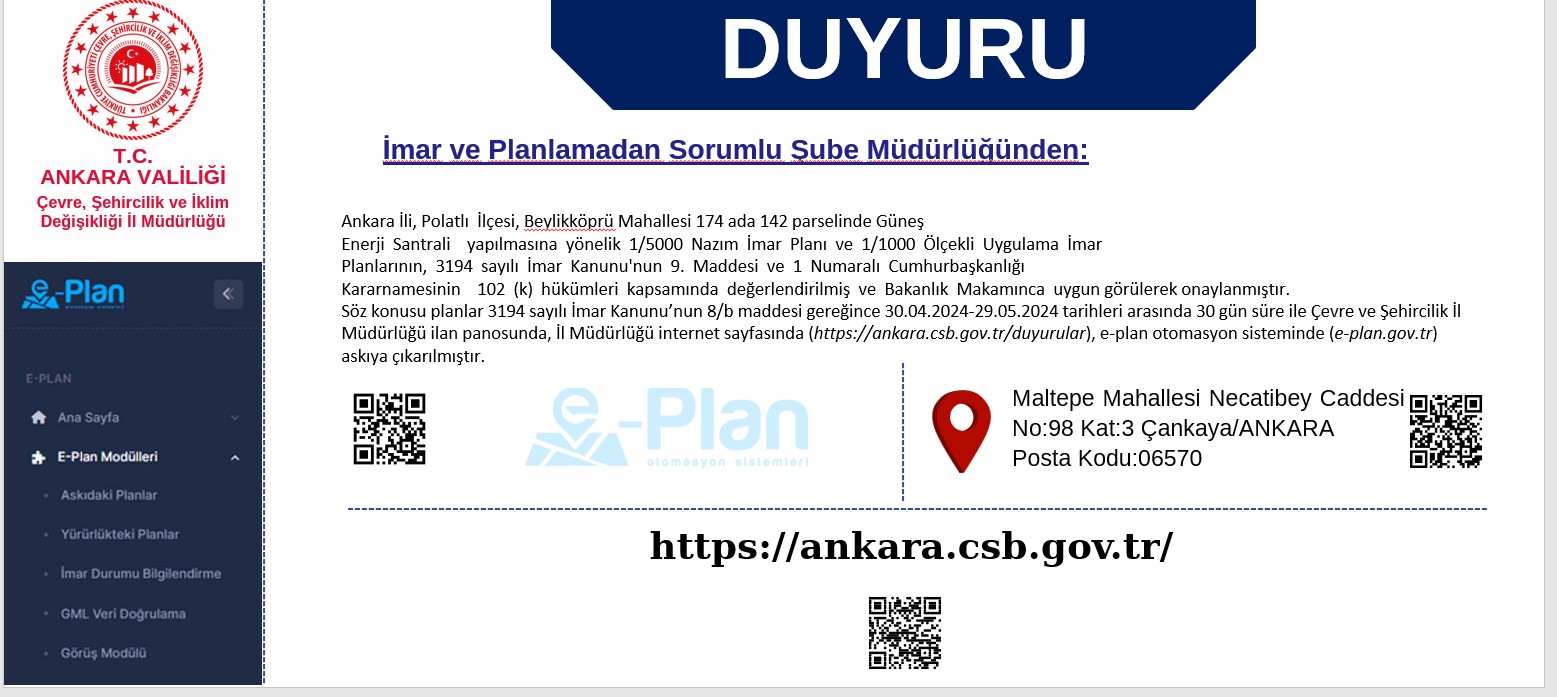 Ankara İli, Polatlı  İlçesi, Beylikköprü Mahallesi 174 ada 142 parselinde Güneş Enerji  Santrali    yapılmasına  yönelik  1/5000 