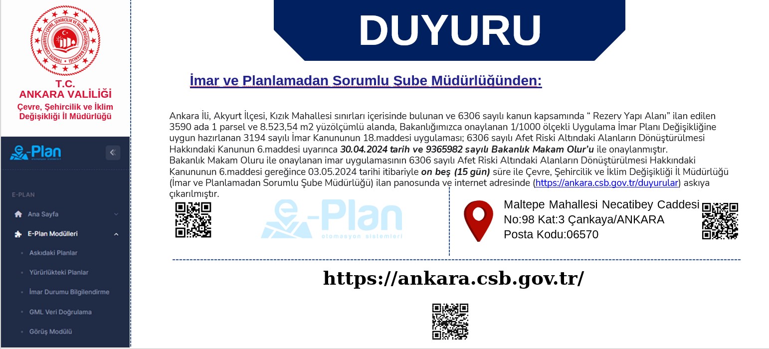 Ankara İli, Akyurt İlçesi, Kızık Mahallesi sınırları içerisinde bulunan ve 6306 sayılı kanun kapsamında “ Rezerv Yapı Alanı” ilan edilen