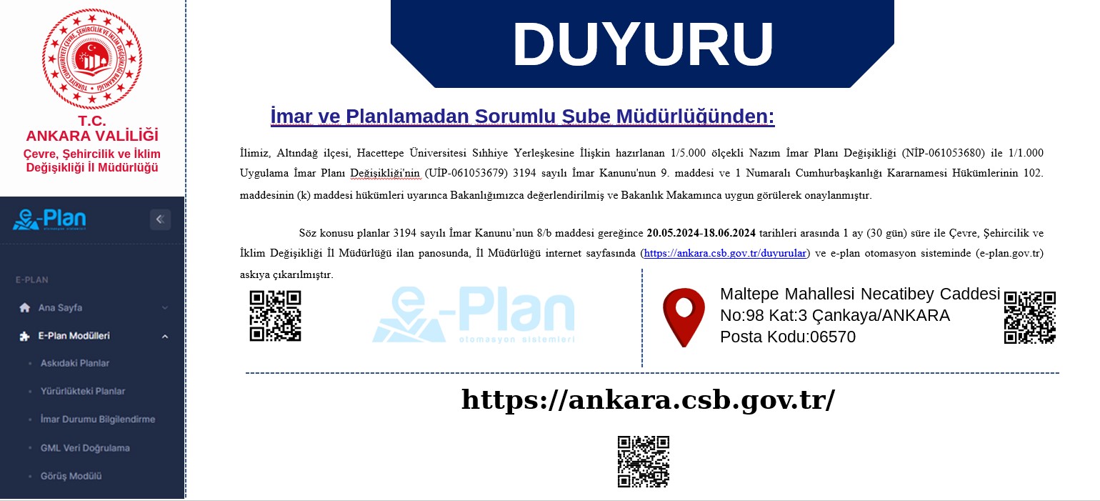 İlimiz, Altındağ ilçesi, Hacettepe Üniversitesi Sıhhiye Yerleşkesine İlişkin hazırlanan 1/5.000 ölçekli Nazım İmar Planı Değişikliği