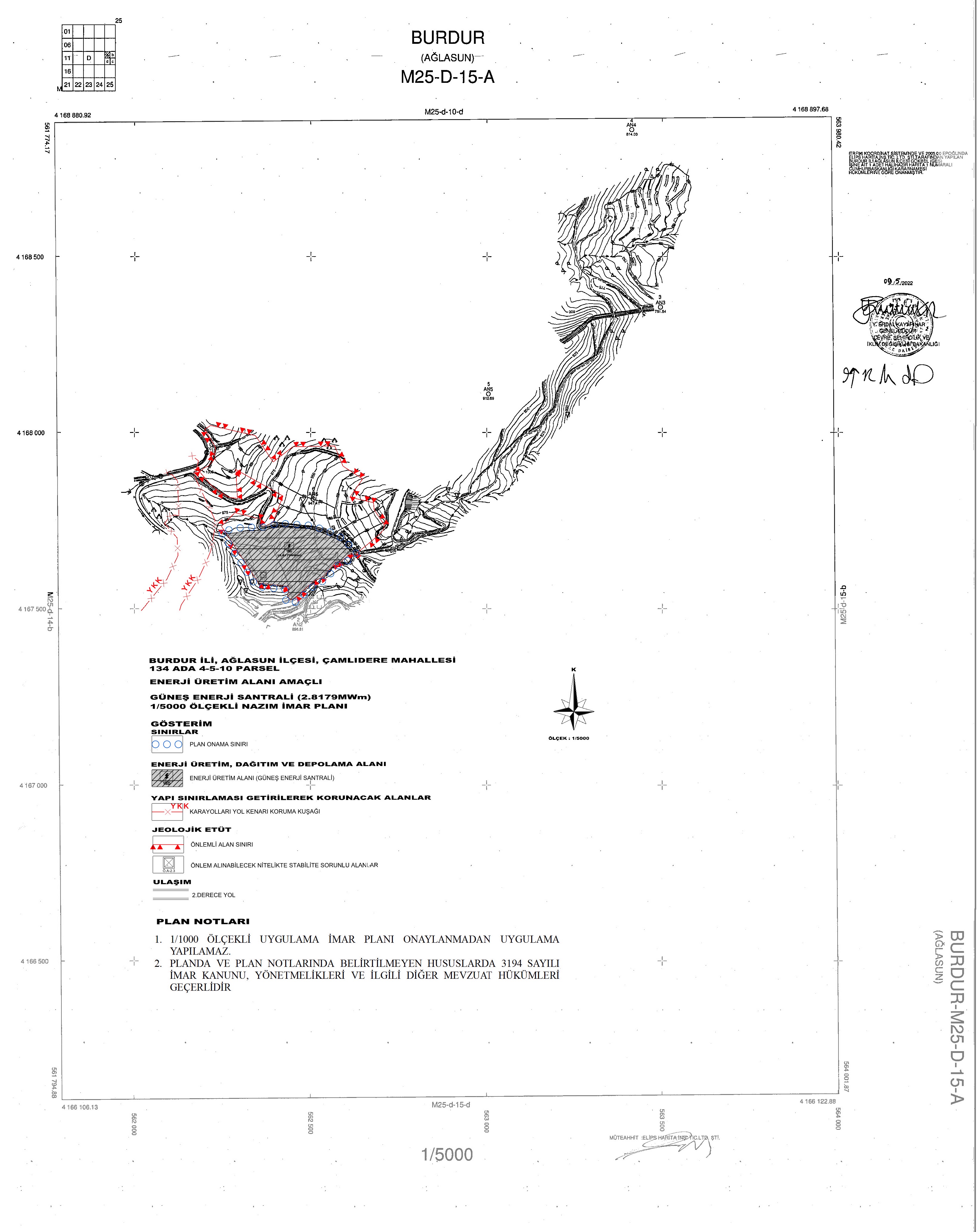 Burdur ili, Ağlasun ilçesi, Çamlıdere Mahallesi, 134 ada, 4-5-10 parsellerde GES amaçlı 1/5000 ölçekli Nazım İmar Planı ve 1/1000 ölçekli Uygulama İmar Planı