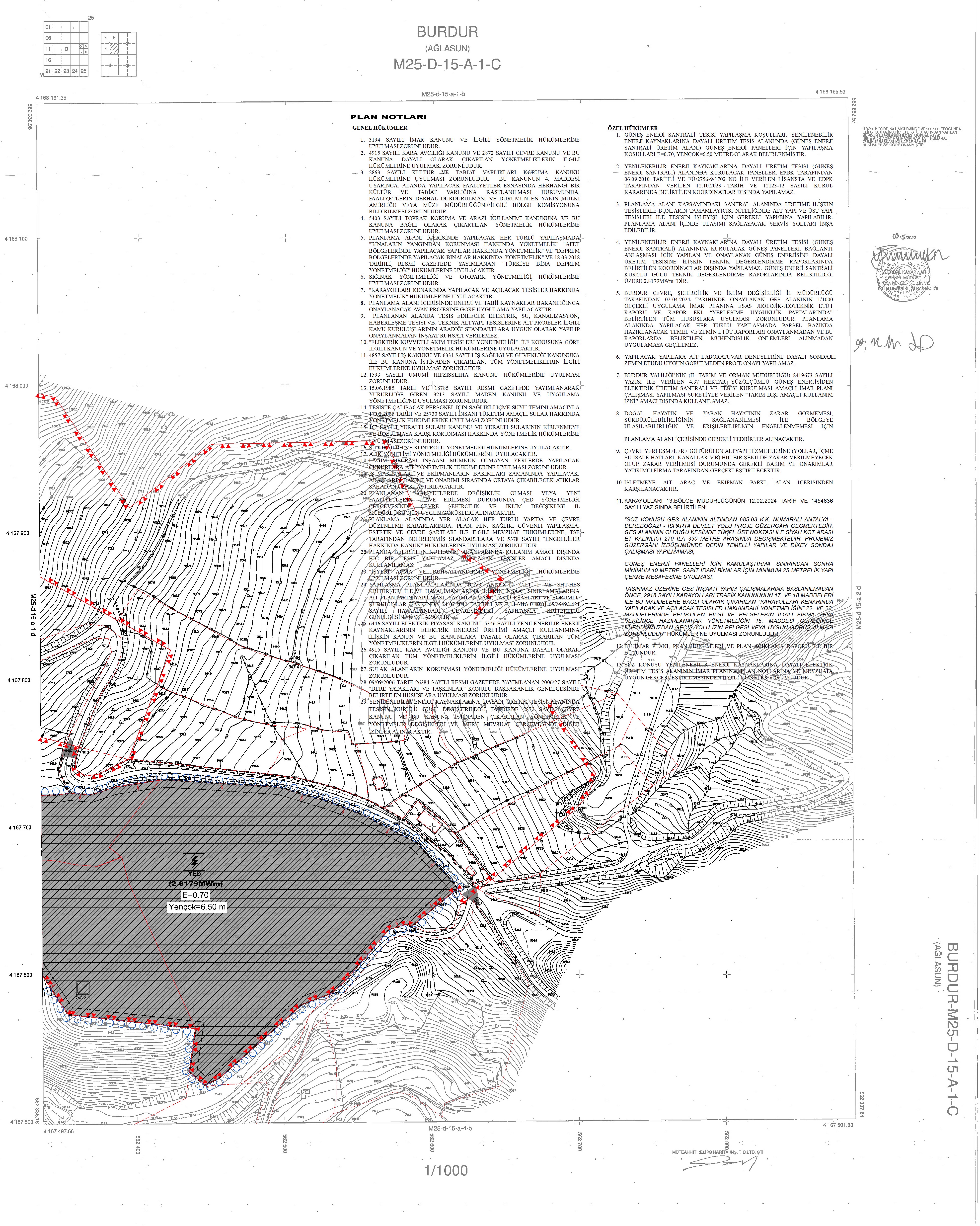 Burdur ili, Ağlasun ilçesi, Çamlıdere Mahallesi, 134 ada, 4-5-10 parsellerde GES amaçlı 1/5000 ölçekli Nazım İmar Planı ve 1/1000 ölçekli Uygulama İmar Planı