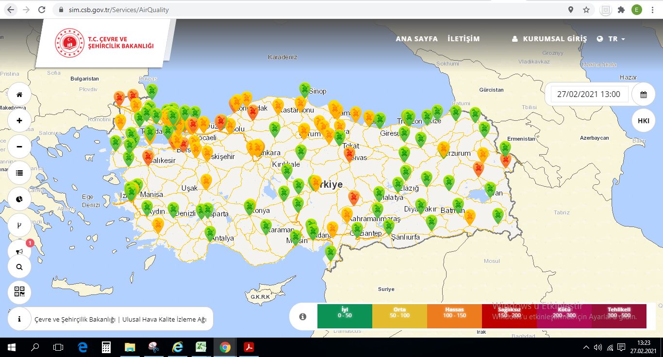 Hava Kalitesi İzleme İstasyonları ile 24 saat anlık hava kalitesi değerleri ölçülmektedir.