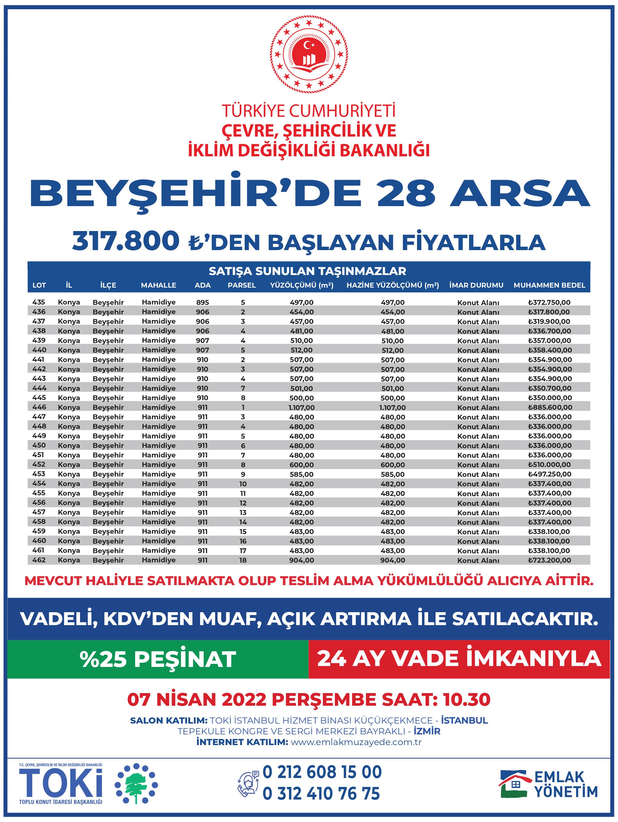 Bakanlığımız uhdesinde bulunan  taşınmazların satışına ilişkin 5-6-7 Nisan 2022 saat 10:30'da 