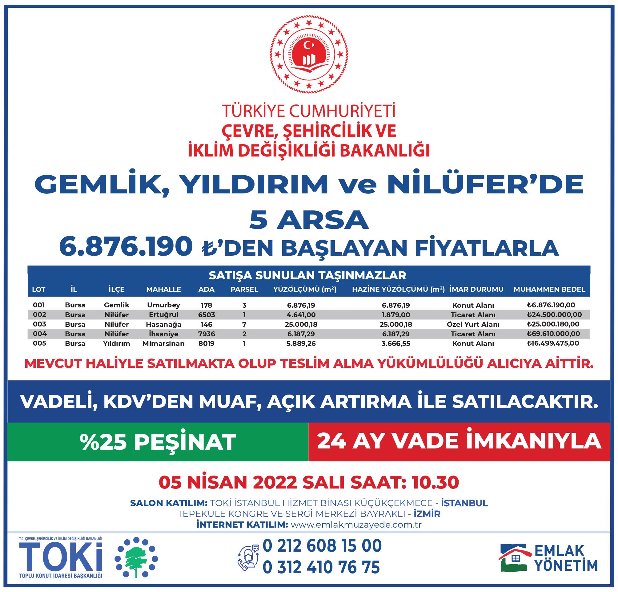 Bakanlığımız uhdesinde bulunan  taşınmazların satışına ilişkin 5-6-7 Nisan 2022 saat 10:30'da 