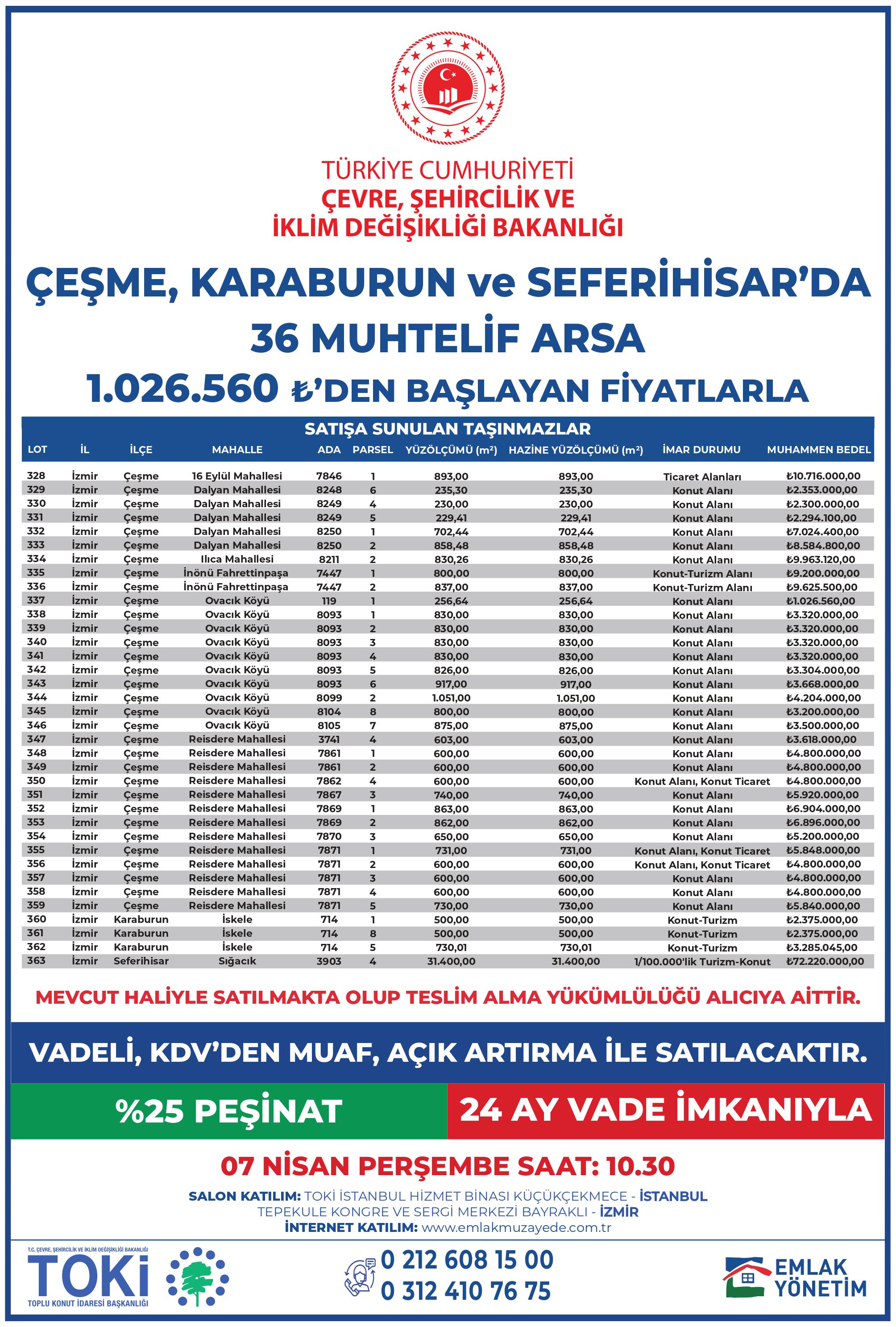 Bakanlığımız uhdesinde bulunan  taşınmazların satışına ilişkin 5-6-7 Nisan 2022 saat 10:30'da 