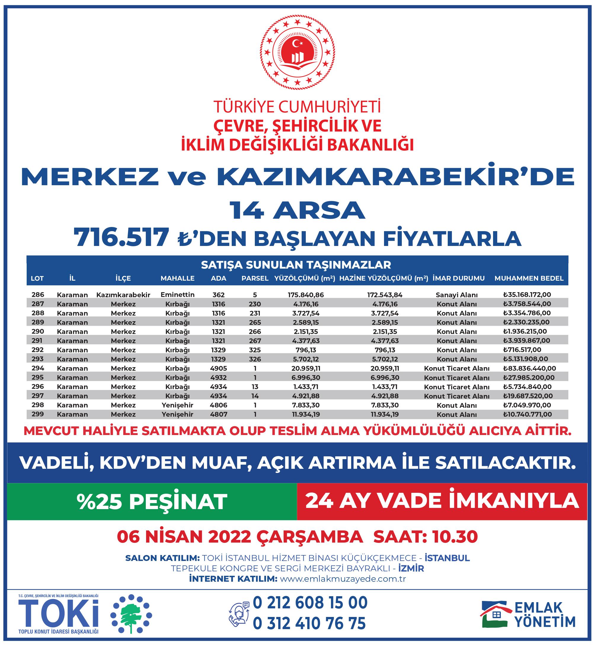 Bakanlığımız uhdesinde bulunan  taşınmazların satışına ilişkin 5-6-7 Nisan 2022 saat 10:30'da 