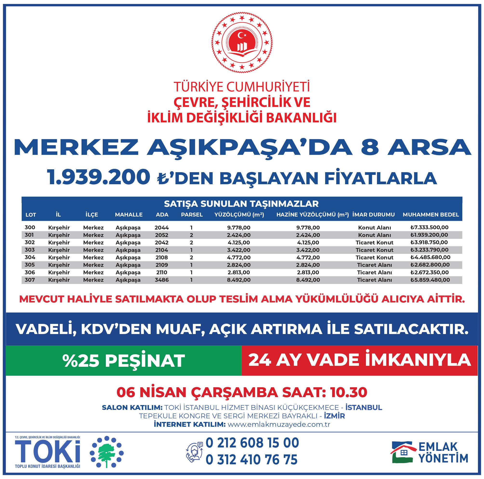 Bakanlığımız uhdesinde bulunan  taşınmazların satışına ilişkin 5-6-7 Nisan 2022 saat 10:30'da 