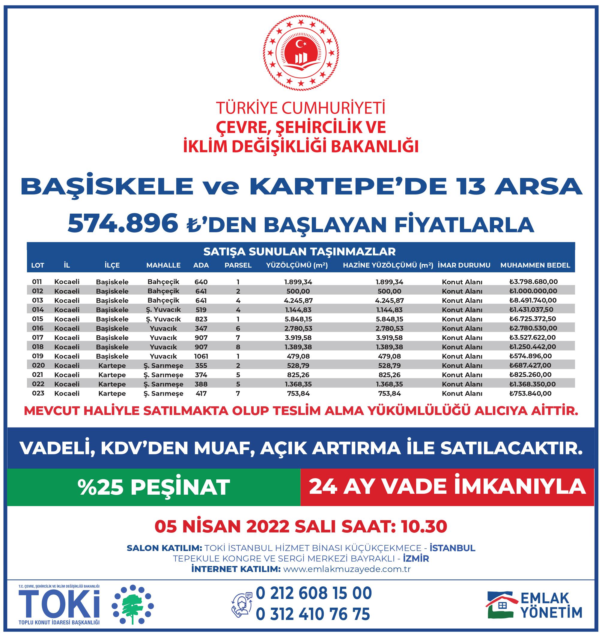 Bakanlığımız uhdesinde bulunan  taşınmazların satışına ilişkin 5-6-7 Nisan 2022 saat 10:30'da 