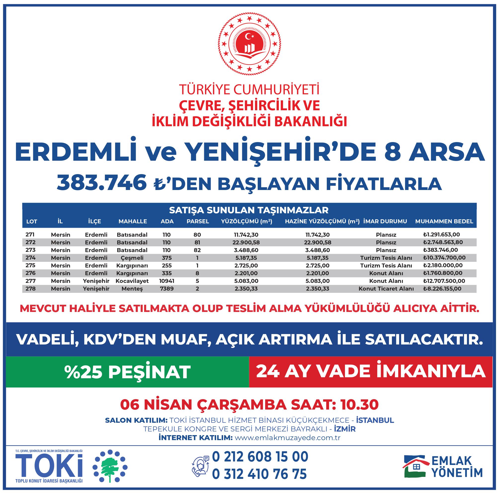 Bakanlığımız uhdesinde bulunan  taşınmazların satışına ilişkin 5-6-7 Nisan 2022 saat 10:30'da 