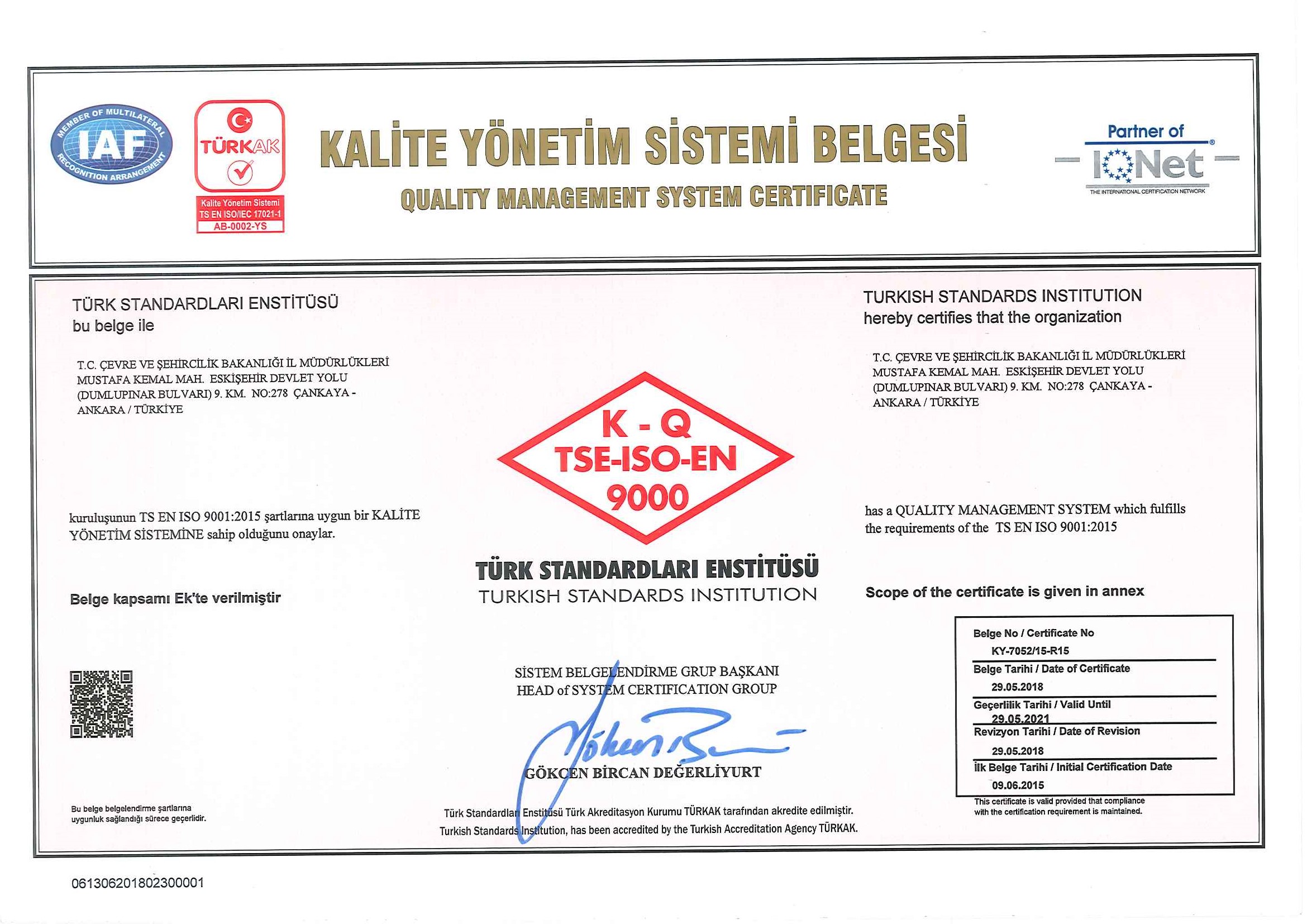 Müdürlüğümüz Kalite Yönetim Sistemi Belgesi