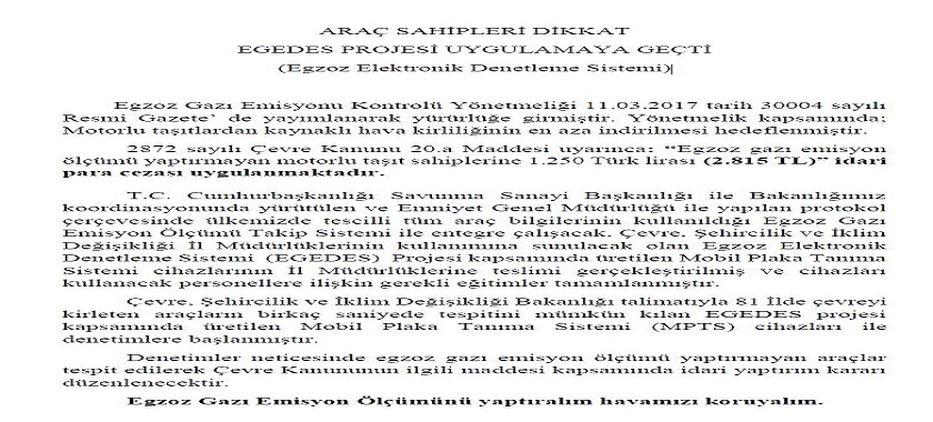 ARAÇ SAHİPLERİ DİKKAT EGEDES PROJESİ UYGULAMAYA GEÇTİ (Egzoz Elektronik Denetleme Sistemi)