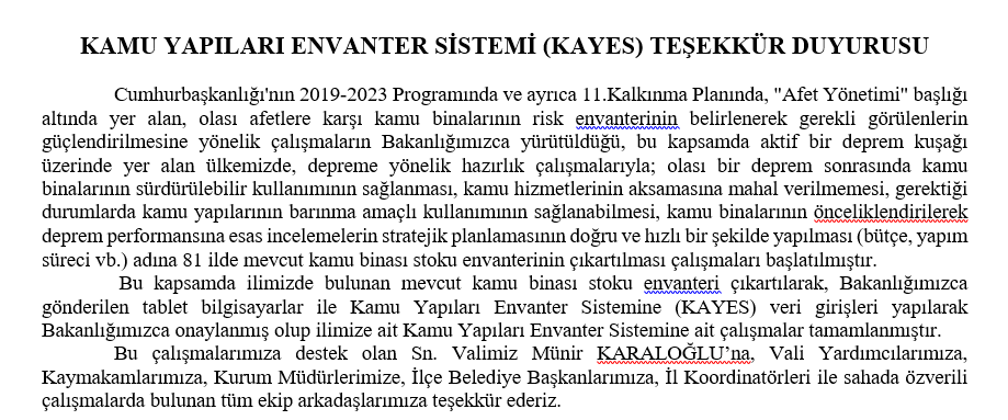 KAMU YAPILARI ENVANTER SİSTEMİ (KAYES) TEŞEKKÜR DUYURUSU