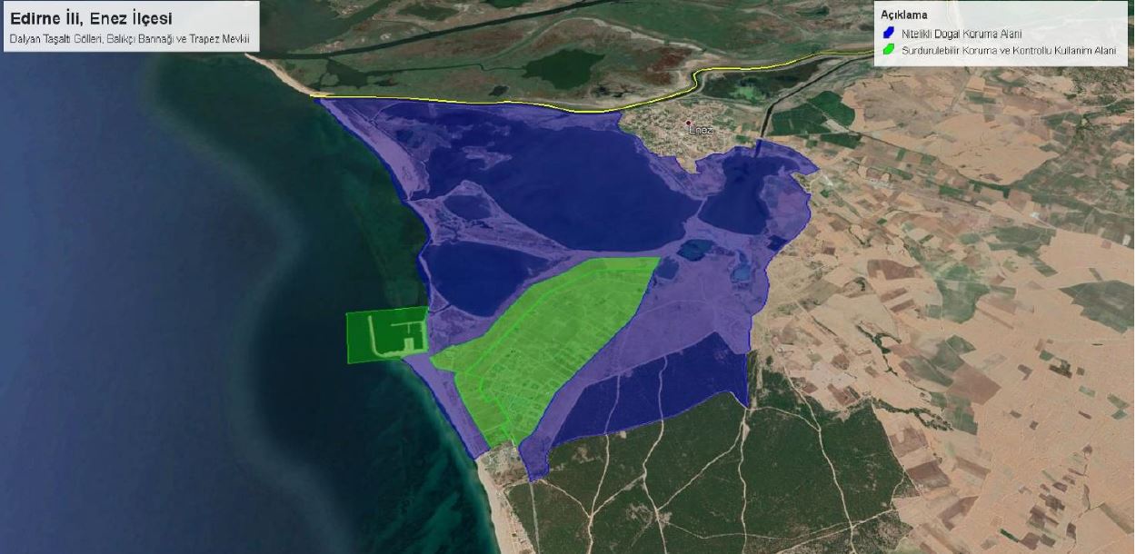 Edirne ili, Enez ilçesi, Dalyan, Taşaltı Gölleri, Enez Balıkçı Barınağı ve Trapez Mevkii Doğal Sit Alanı “Doğal Sit-Nitelikli Doğal Koruma Alanı” ve “Doğal Sit-Sürdürülebilir Koruma ve Kontrollü Kullanım Alanı” Olarak Tescil Edildi