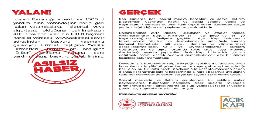 İçişleri Bakanlığından uyarı: Lütfen, resmi açıklamalar dışında sosyal mecralarda dolaşan kaynağı belli olmayan haberlere itibar etmeyiniz.