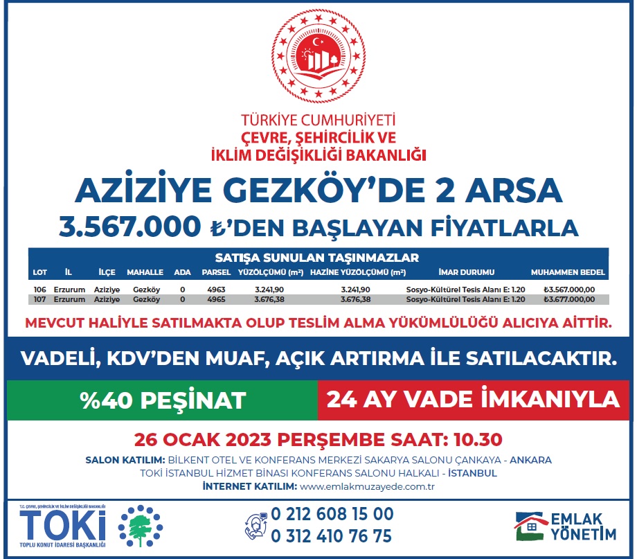 Bakanlığımız Uhdesinde Bulunan Erzurum Aziziye Gezköy' deki Taşınmazların Açık Artırma Usulü Satış İhalesi