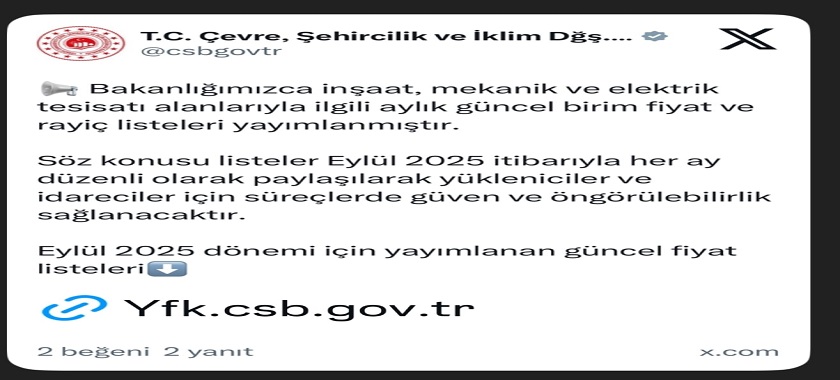 2025 YILINA AİT GÜNCELLENMİŞ AYLIK RAYİÇ VE BİRİM FİYAT LİSTELERİ