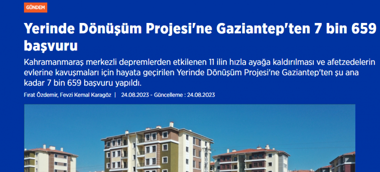 YERİNDE DÖNÜŞÜM PROJESİNE GAZİANTEP'TEN 7 BİN 659 BAŞVURU YAPILDI