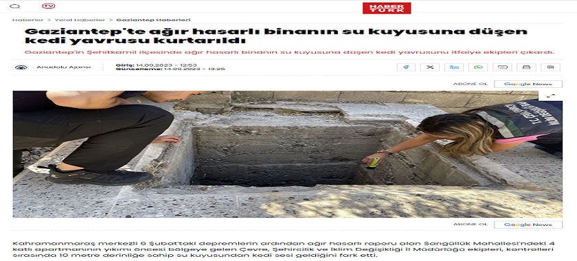 Gaziantep'te ağır hasarlı binanın su kuyusuna düşen kedi yavrusu kurtarıldı