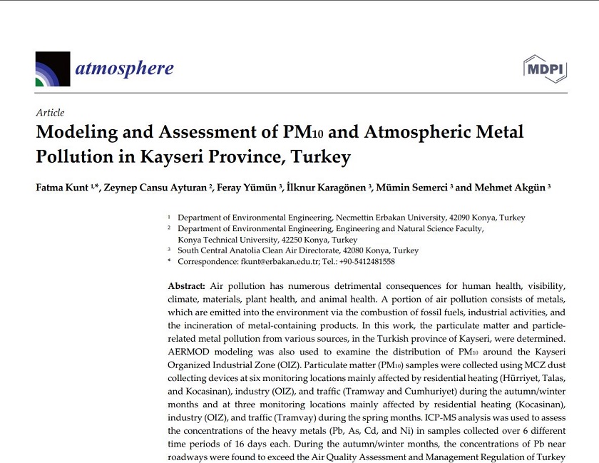 «Kayseri İline ait PM10 Toz Örneklemelerinin Gravimetrik Analizi, Aermod Modeli ve Ağır Metal Analizi»