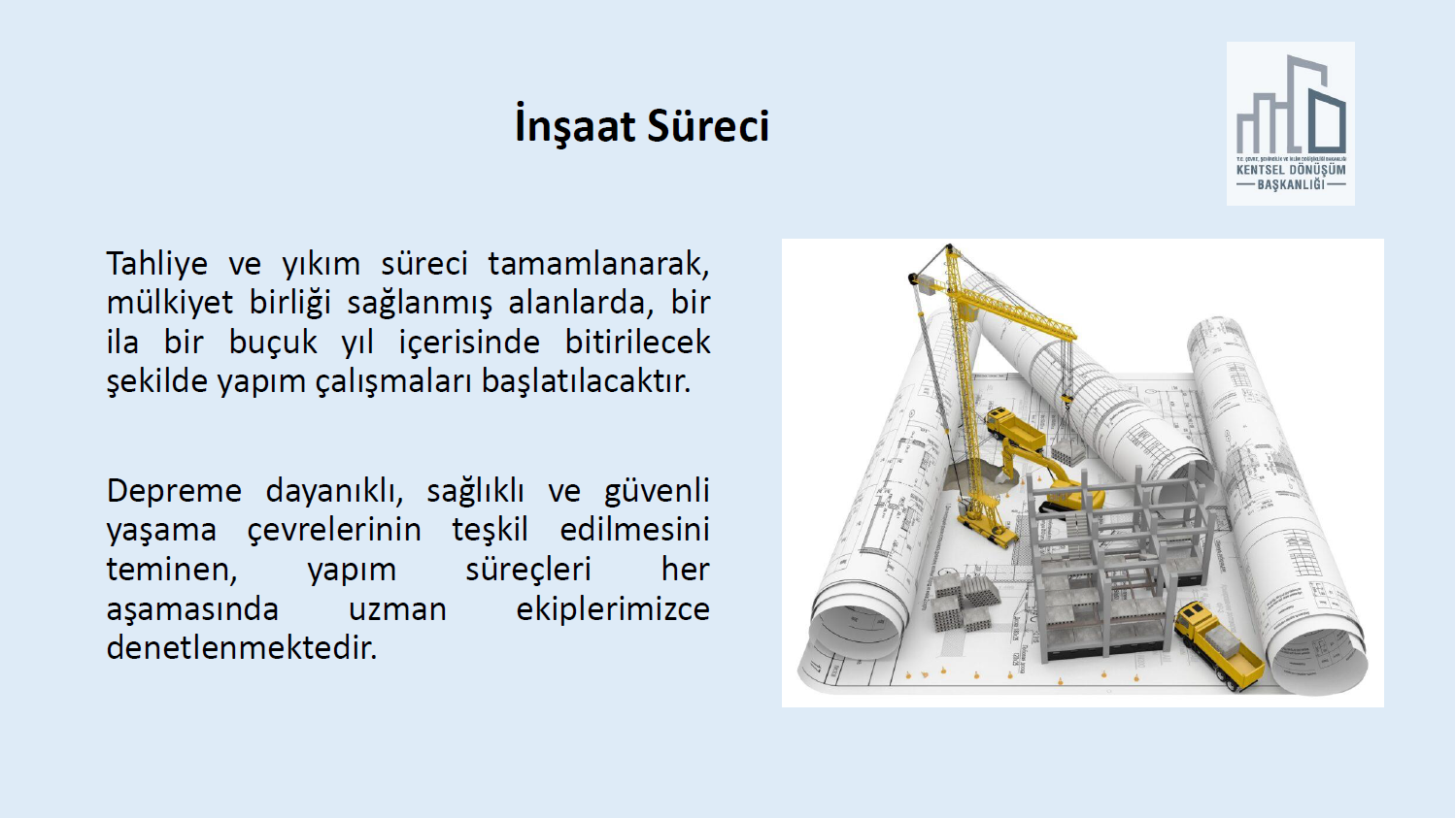 ÇEVRE, ŞEHİRCİLİK VE İKLİM DEĞİŞİKLİĞİ BAKANLIĞI KENTSEL DÖNÜŞÜM BAŞKANLIĞI DEPREM SONRASI YÜRÜTÜLEN ÇALIŞMALARA DAİR BİLGİLENDİRME