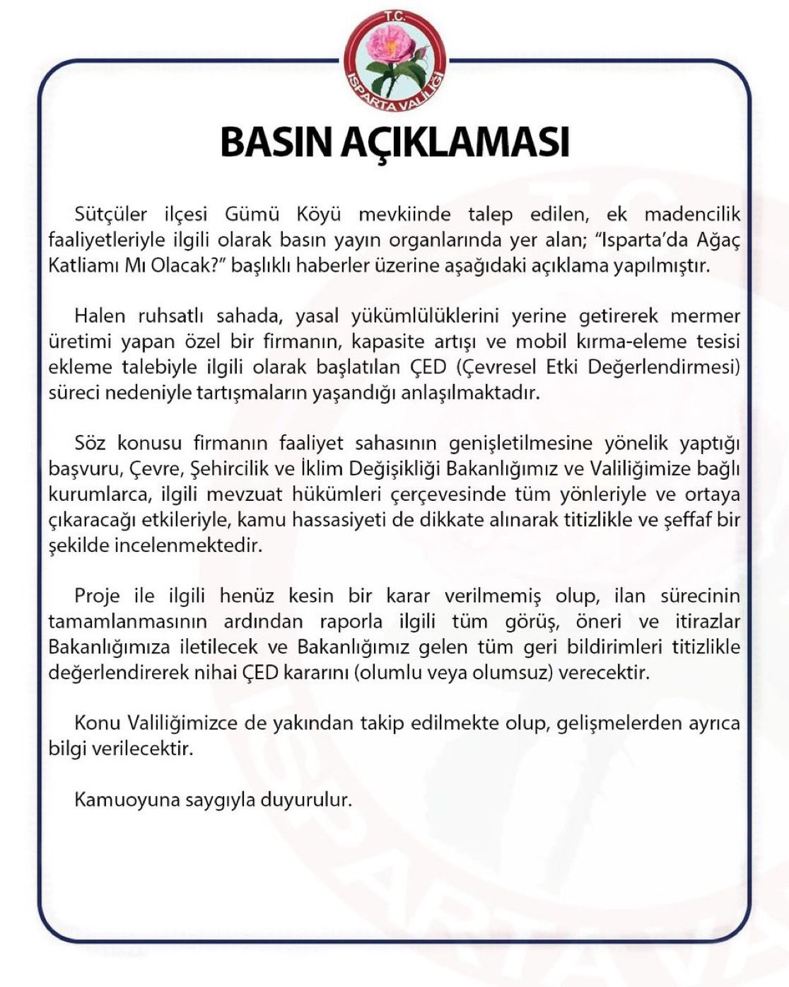 25.10.2024 Tarihli Basın Açıklaması - Sütçüler ilçesi Gümü Köyü Mevkiisi