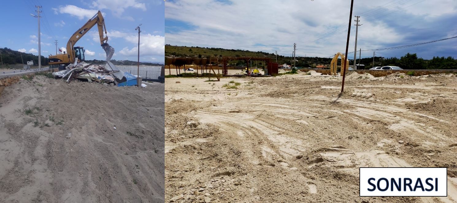 Çeşme, Şehit Mehmet Mahallesi,  Pırlanta Plajı Mevkiinde doğal sit alanında kıyıda yapılmış kaçak betonarme yapının yıkım işlemleri gerçekleştirilmiştir.