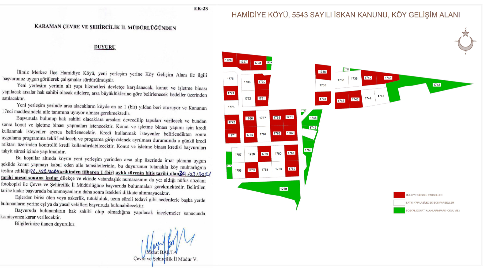 HAMİDİYE KÖYÜ İSKAN KANUNU PARSELLERİ HAK SAHİPLİĞİ TALEP TOPLAMA DUYURUSU