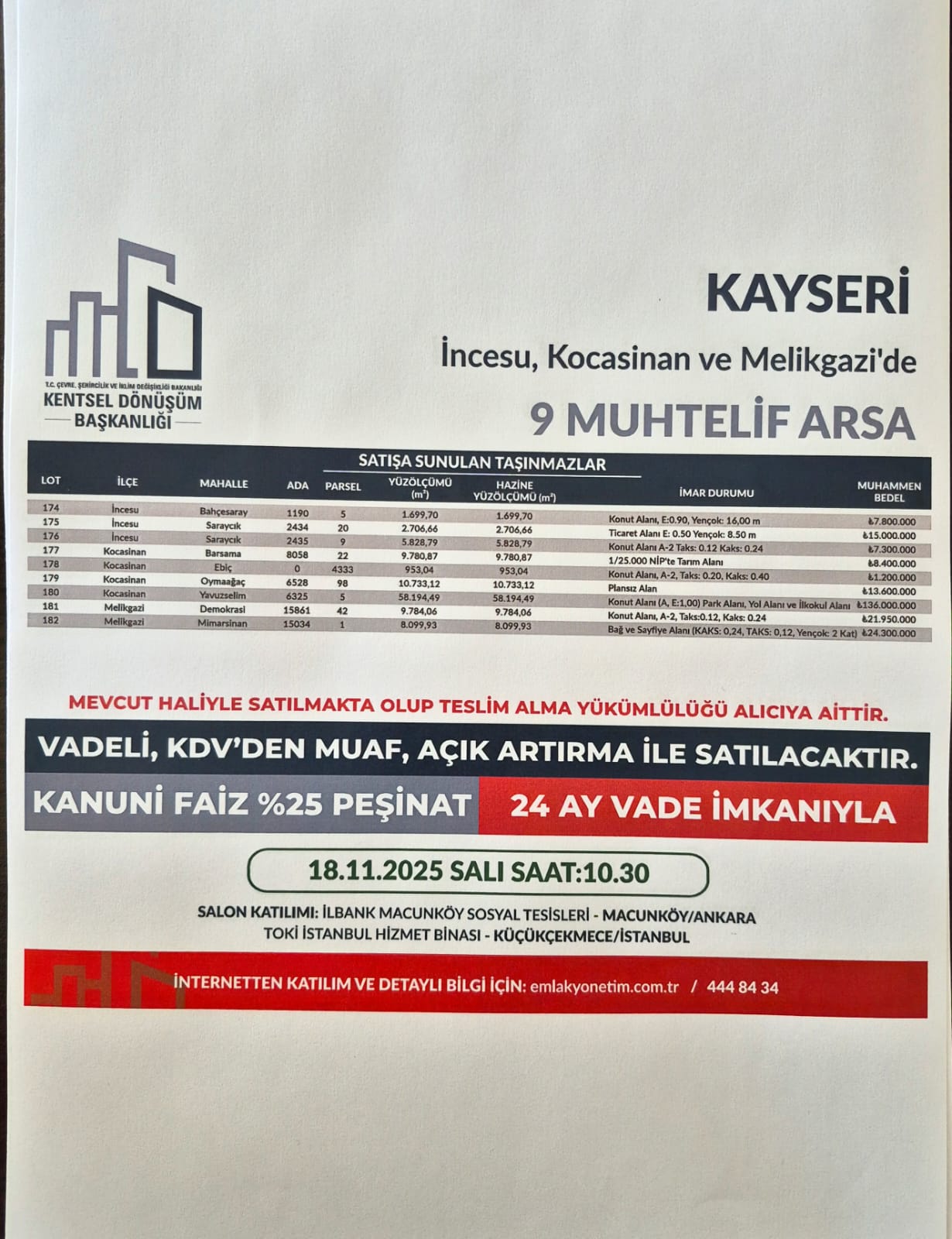 KENTSEL DÖNÜŞÜM BAŞKANLIĞINCA 18 KASIM 2025 TARİHİNDE SATIŞ İHALESİ YAPILACAK TAŞINMAZLARA İLİŞKİN DUYURU