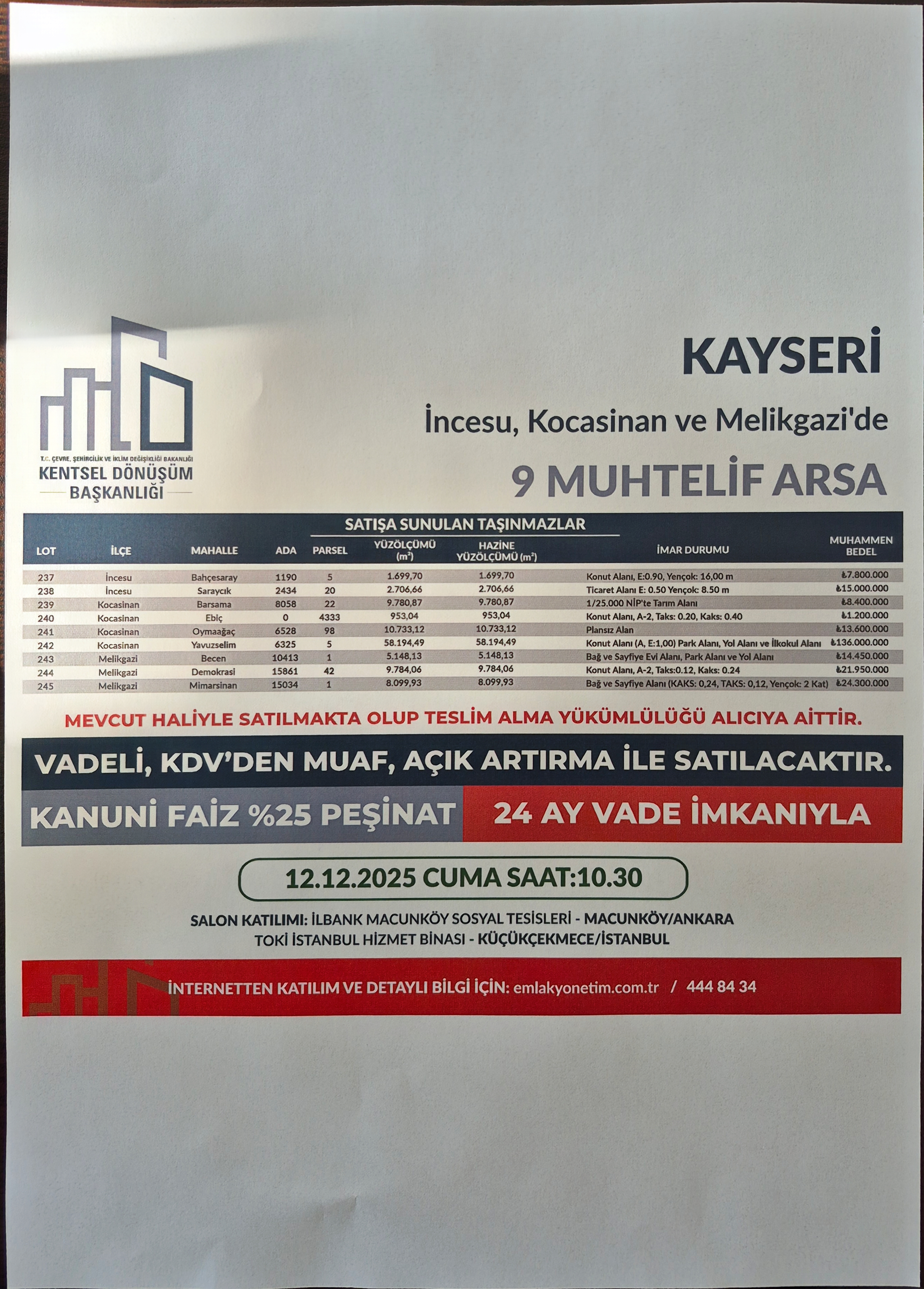 KENTSEL DÖNÜŞÜM BAŞKANLIĞINDAN 12 ARALIK 2025 TARİHLİ İHALEYE İLİŞKİN DUYURU