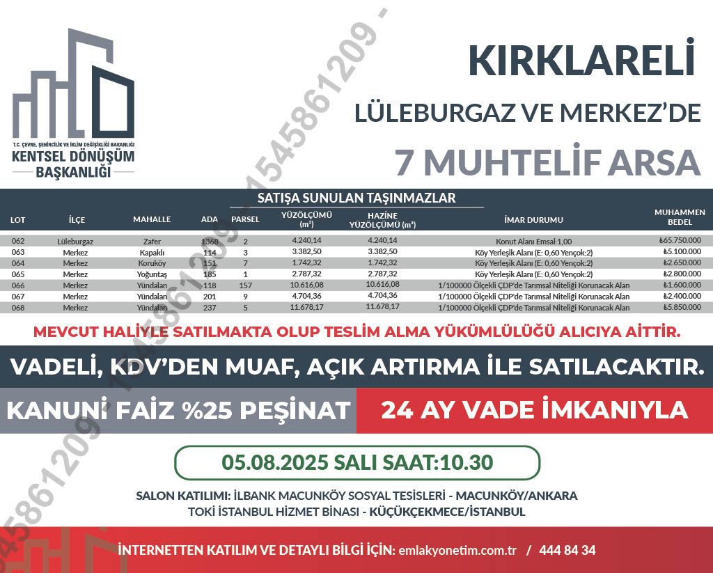 KENTSEL DÖNÜŞÜM BAŞKANLIĞI 7 MUHTELİF ARSA SATIŞI LÜLEBURGAZ VE MERKEZ’DE